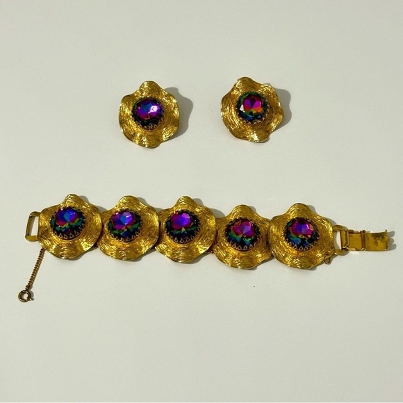 Vintage MCM Elizabeth Morrey Watermelon Glass Rhinestone Bracelet & Earrings Set - Picture 1 of 9